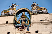 The great Chola temples of Tamil Nadu - the Sri Meenakshi-Sundareshwarar Temple of Madurai. The immense gopura gates of the outer walls. 